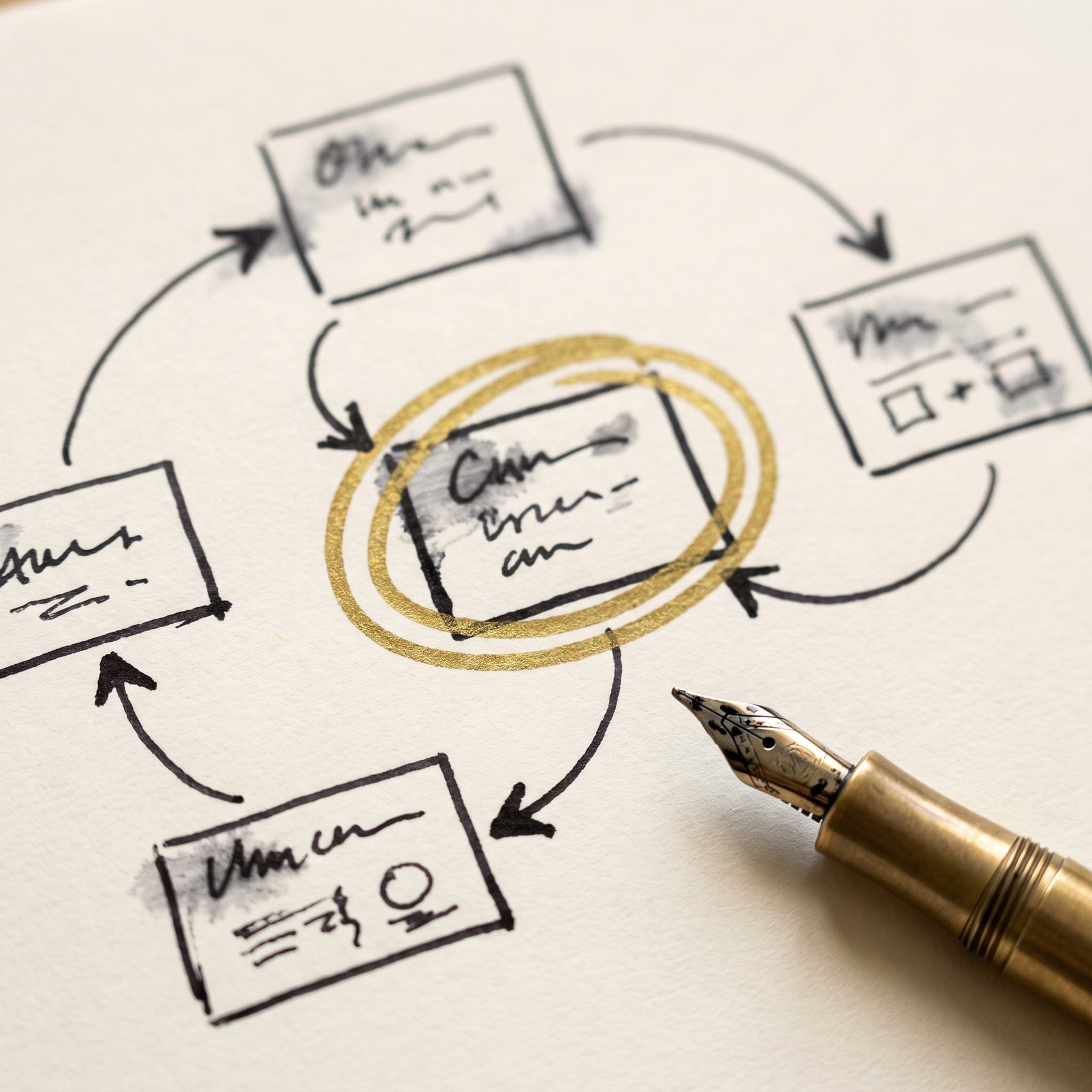 A hand-drawn workflow diagram in ink with one box circled in gold