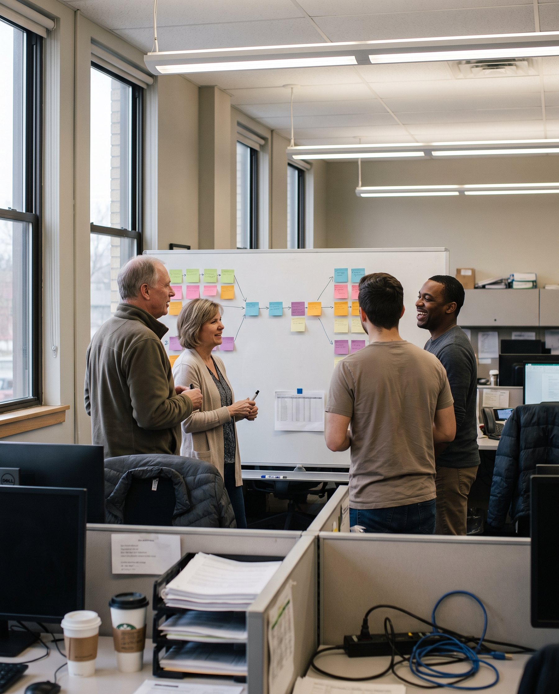 Three colleagues mapping a process on a whiteboard